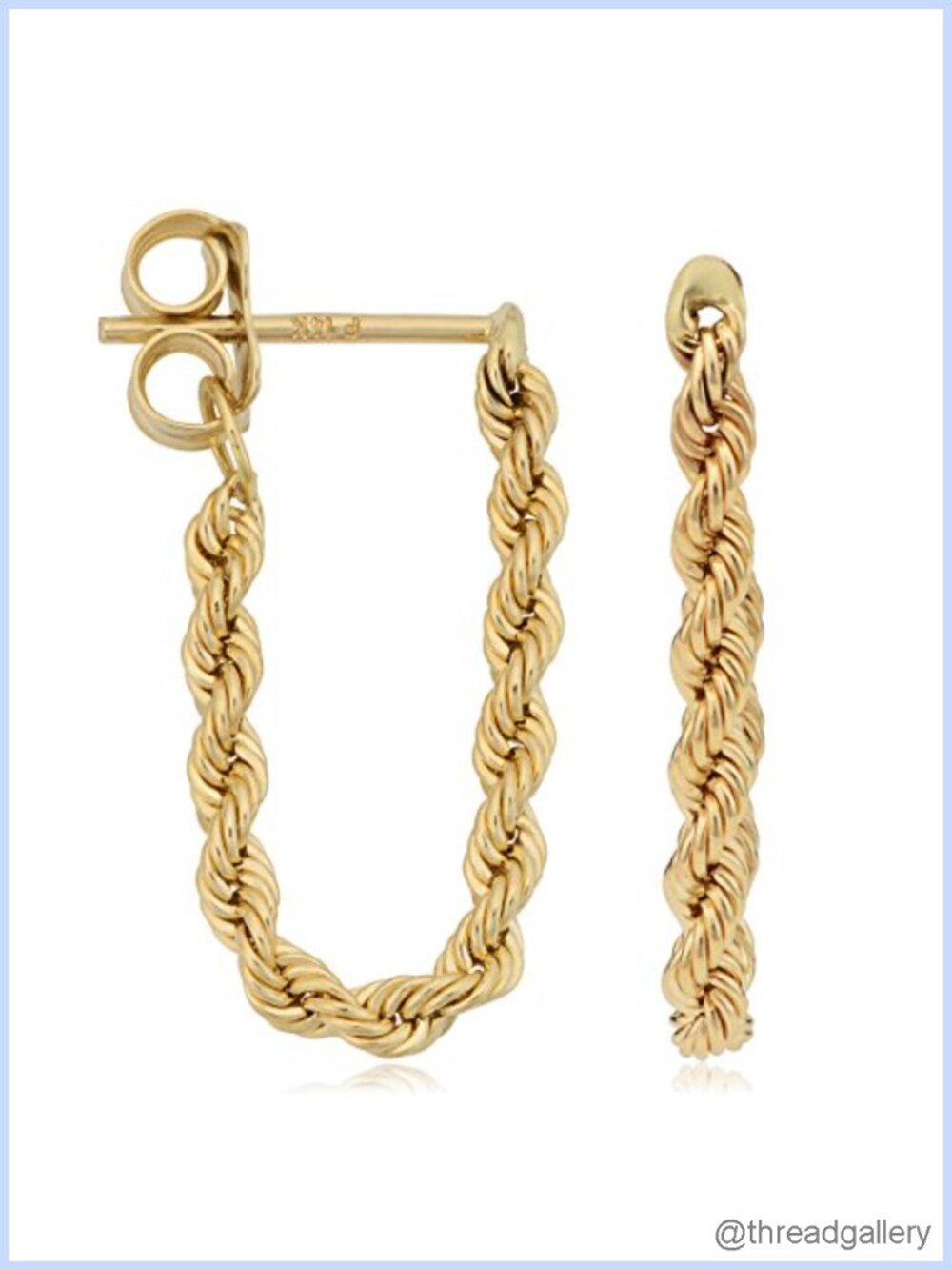 14K Yellow Solid Gold Rope Chain Drop Earrings Push Back